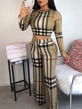 Print Plaid Bellbottoms Pullover Tweedelige Sets