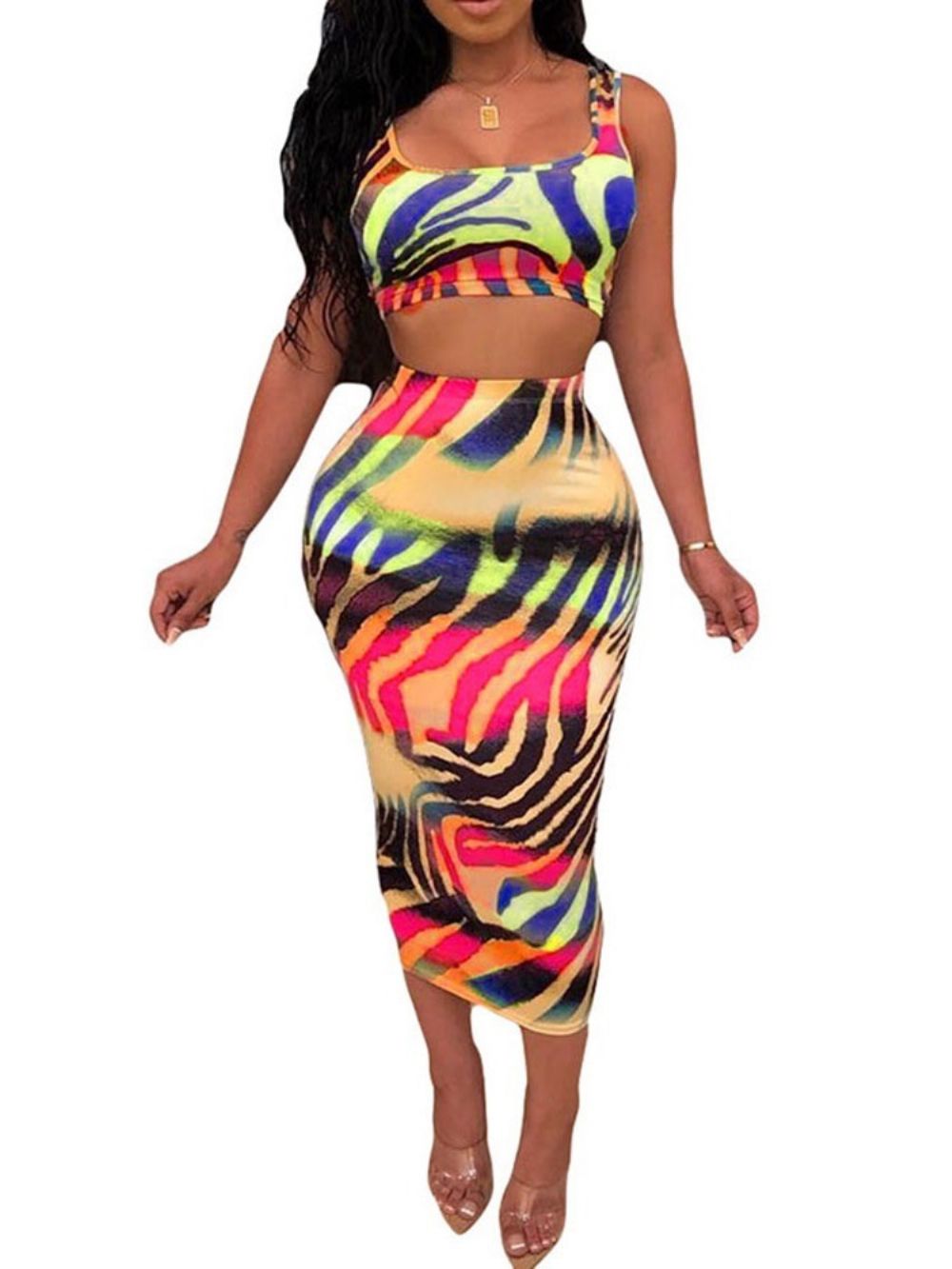 Rok Met Print Westerse Vierkante Hals Bodycon Tweedelige Damessets