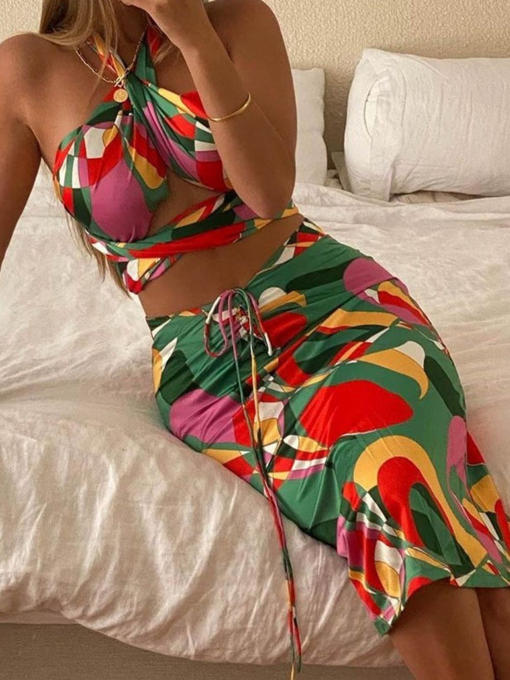 Sexy Bodycon Dames Tweedelige Sets Met Rokprint