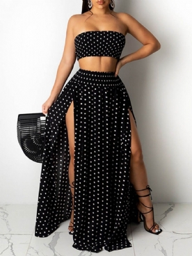 Split Sexy Polka Dots Off Shoulder Pullover Tweedelige Sets Dames Jurk Sets