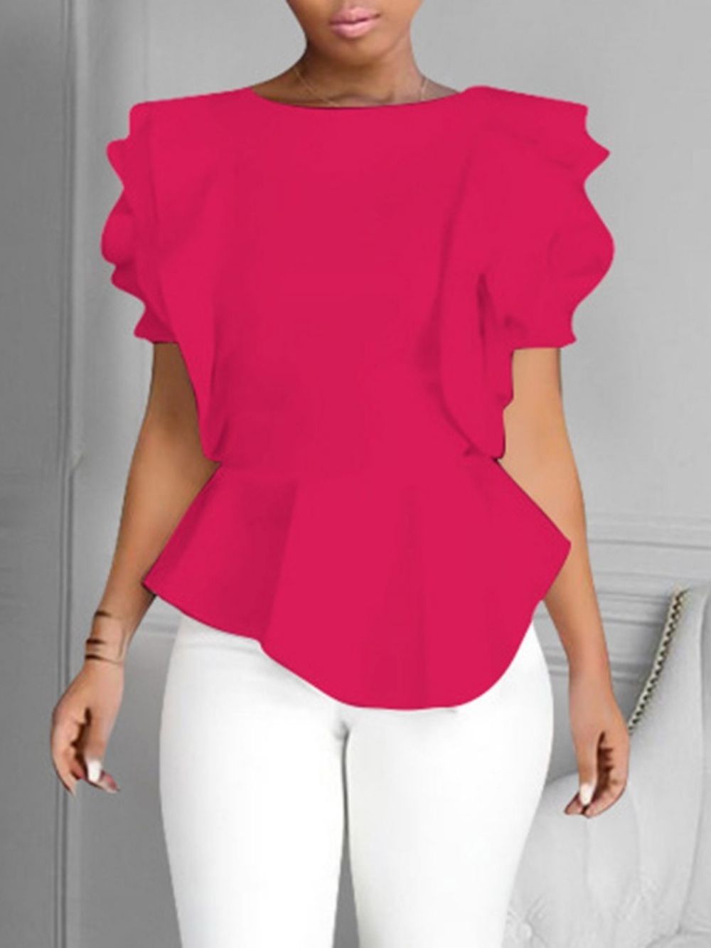 Asymmetrische Effen Standaard Blouse Met Ronde Hals Dames