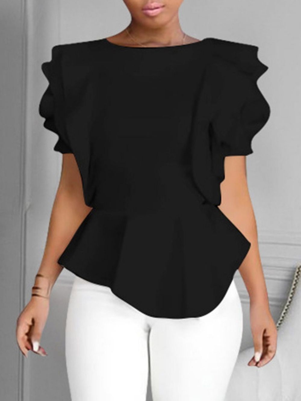 Asymmetrische Effen Standaard Blouse Met Ronde Hals Dames