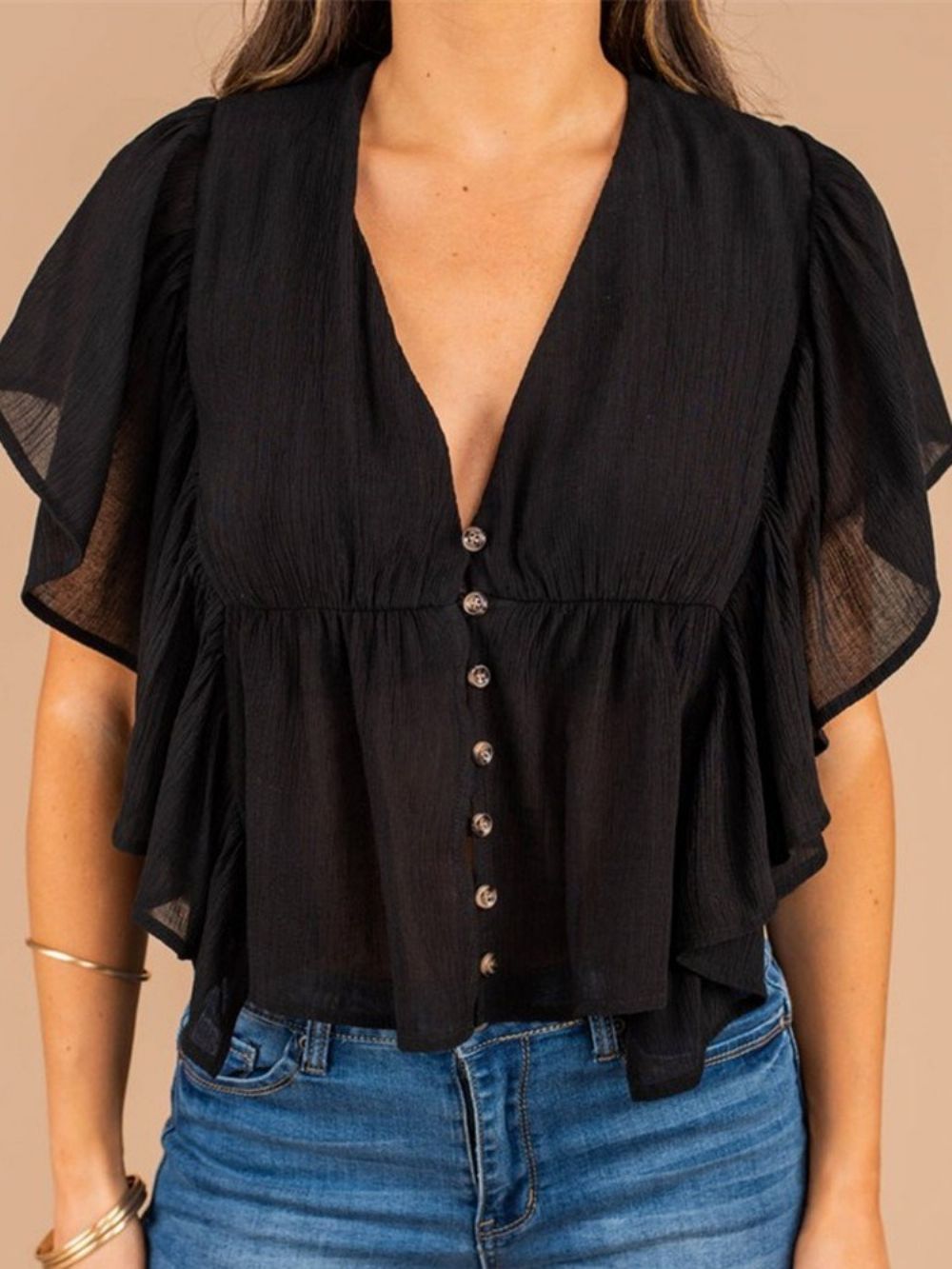 Effen Standaard Blouse Met V-Hals En Korte Mouwen Dames