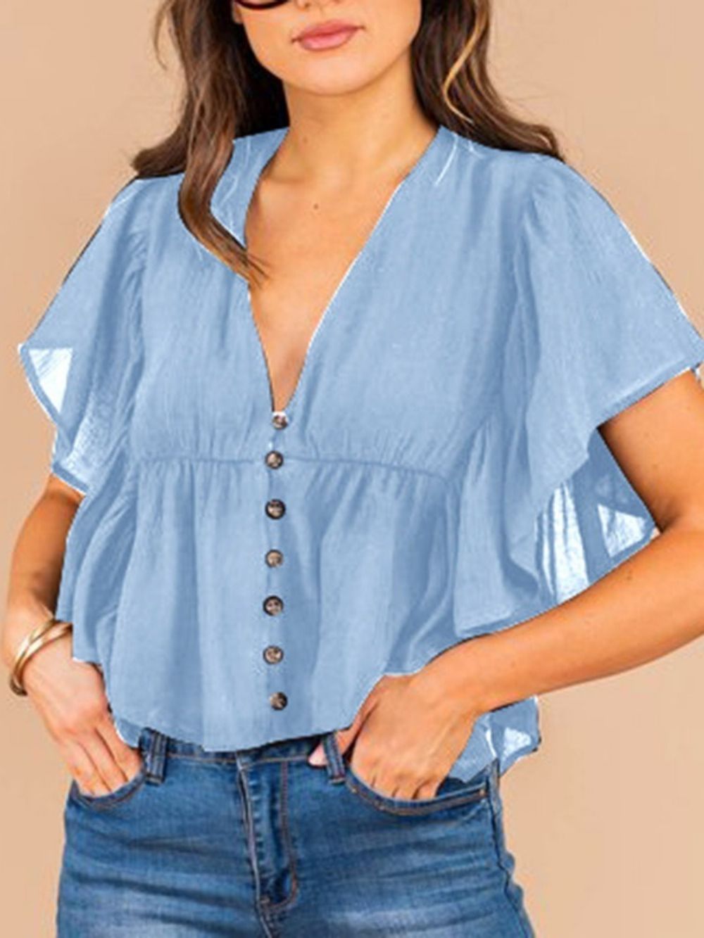 Effen Standaard Blouse Met V-Hals En Korte Mouwen Dames