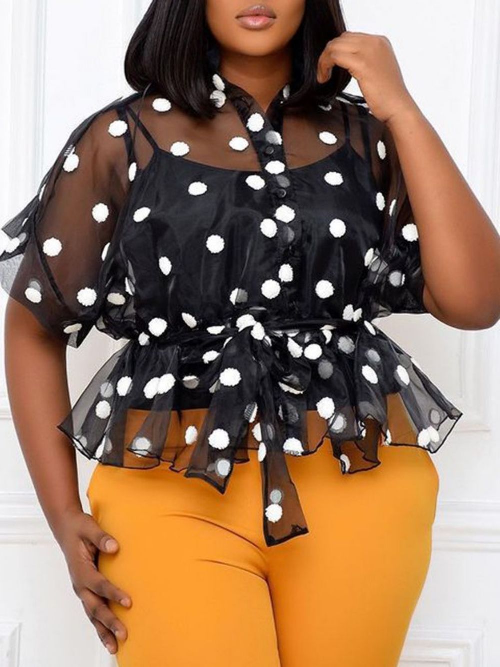 Polka Dots Opstaande Kraag Doorzichtige Standaard Blouse Dames Met Korte Mouwen