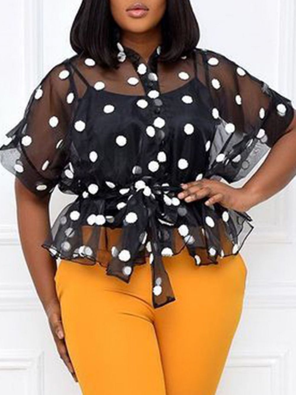 Polka Dots Opstaande Kraag Doorzichtige Standaard Blouse Dames Met Korte Mouwen