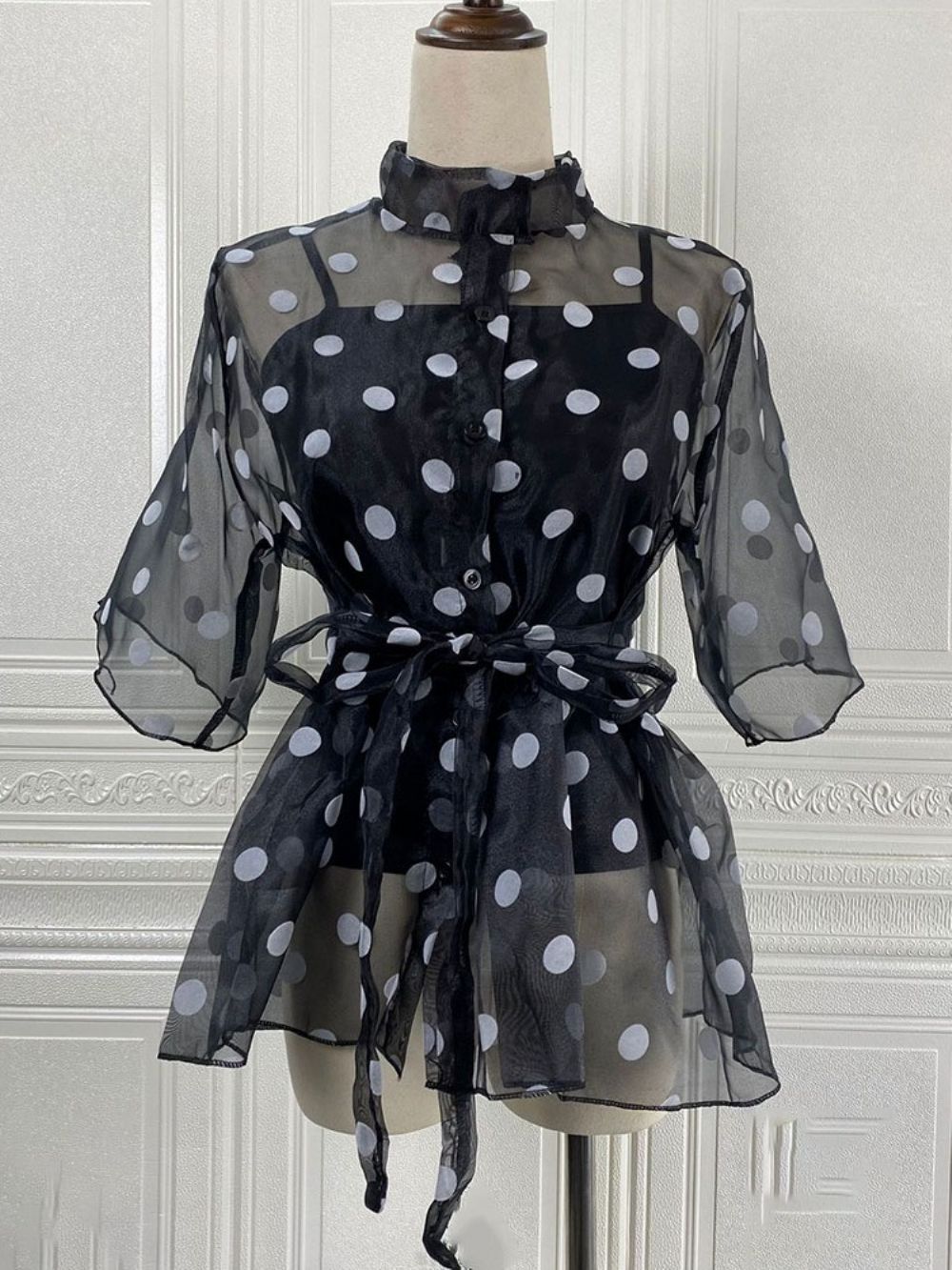 Polka Dots Opstaande Kraag Doorzichtige Standaard Blouse Dames Met Korte Mouwen