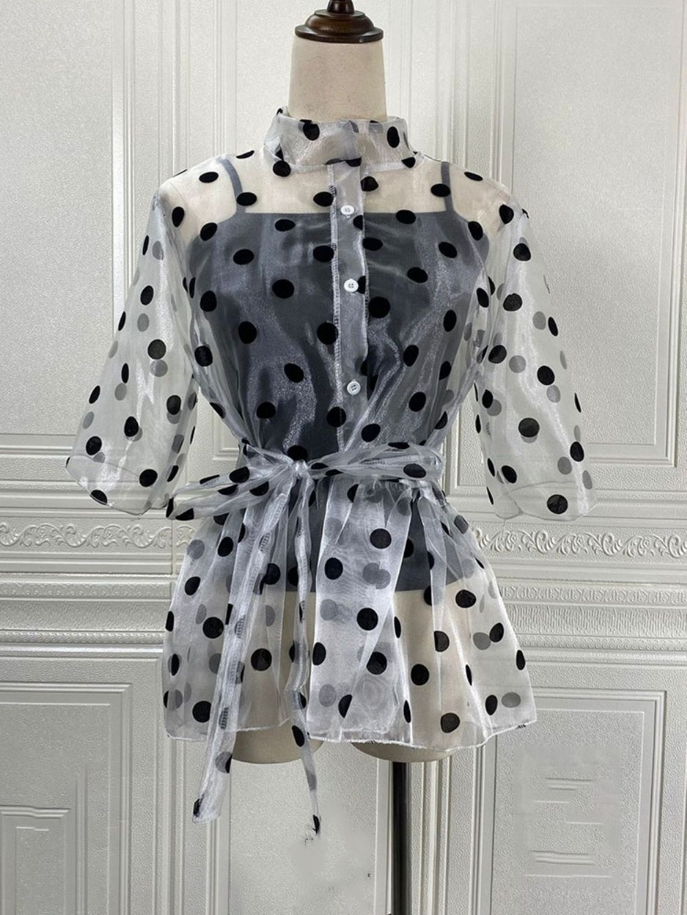 Polka Dots Opstaande Kraag Doorzichtige Standaard Blouse Dames Met Korte Mouwen