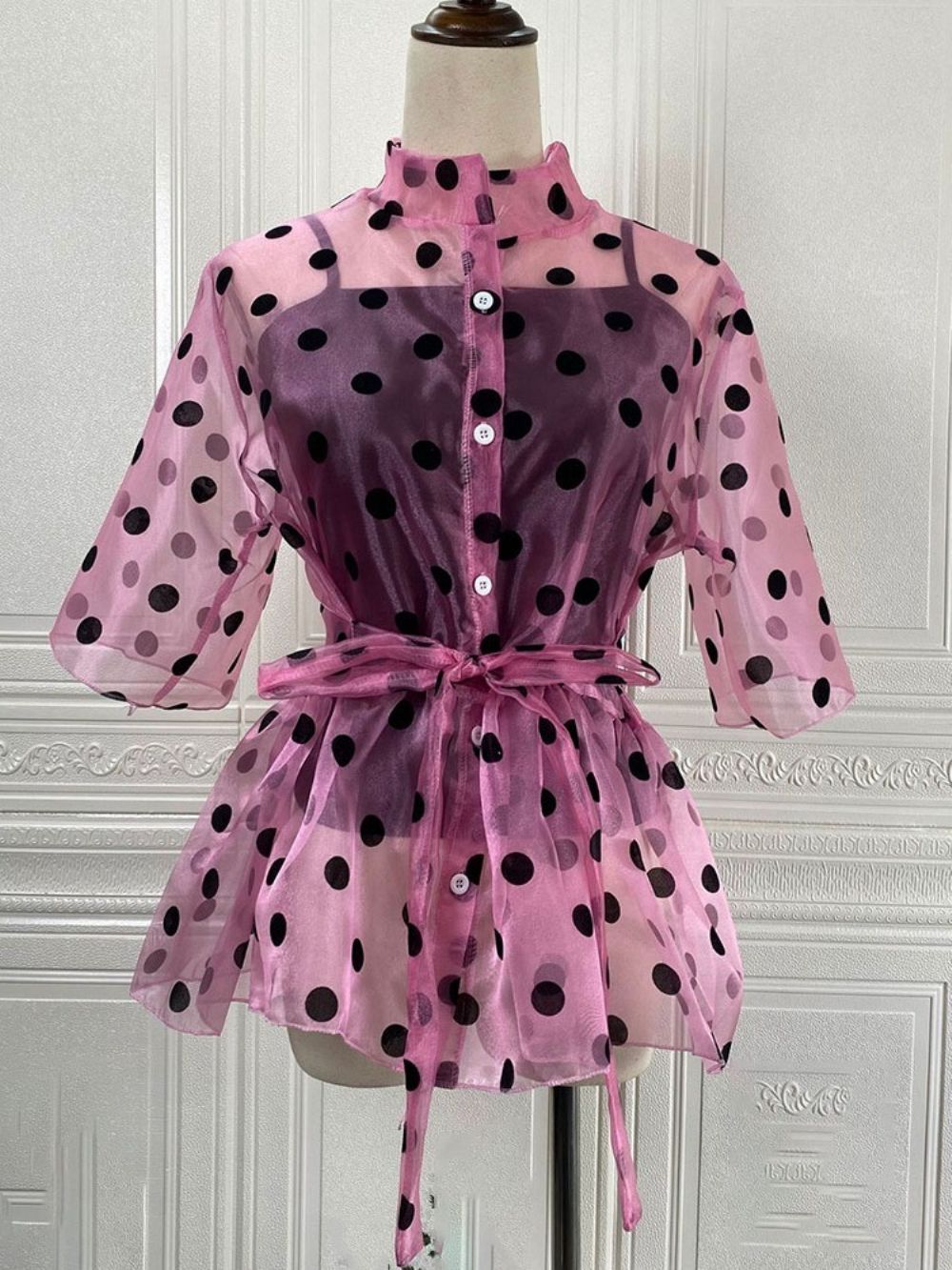 Polka Dots Opstaande Kraag Doorzichtige Standaard Blouse Dames Met Korte Mouwen