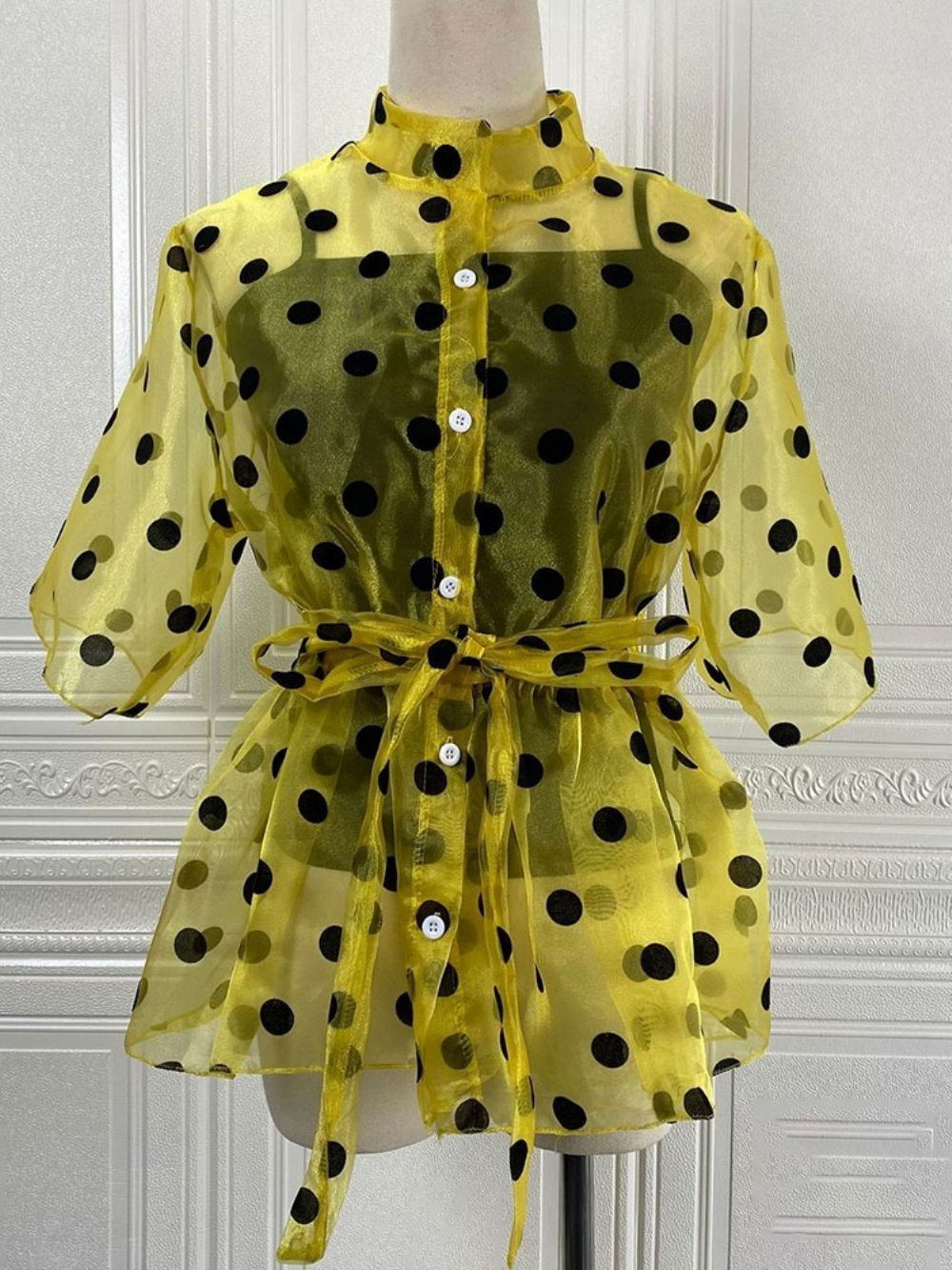 Polka Dots Opstaande Kraag Doorzichtige Standaard Blouse Dames Met Korte Mouwen