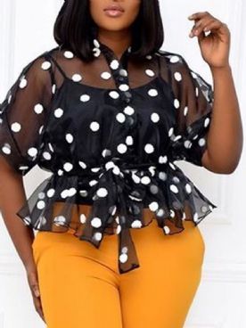 Polka Dots Opstaande Kraag Doorzichtige Standaard Blouse Dames Met Korte Mouwen