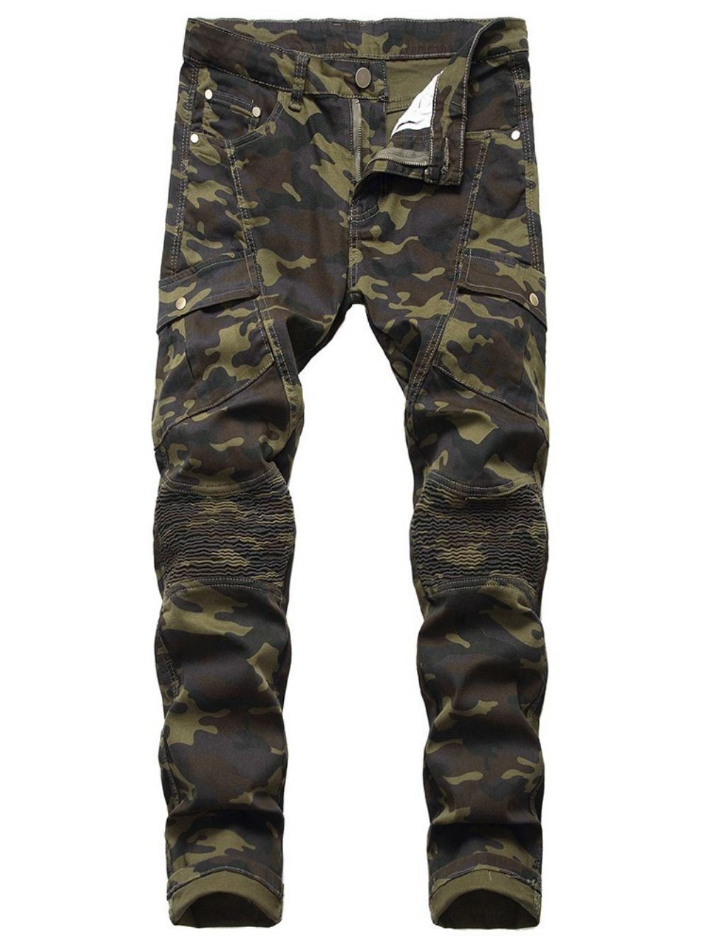 Geplooide Rechte Camouflagebroek Met Rits En Halfhoge Taille