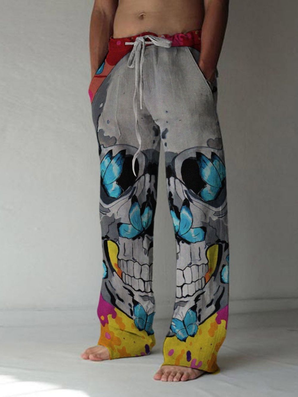 Print Skull Straight Lace-Up Casual Broek Heren Over De Volledige Lengte