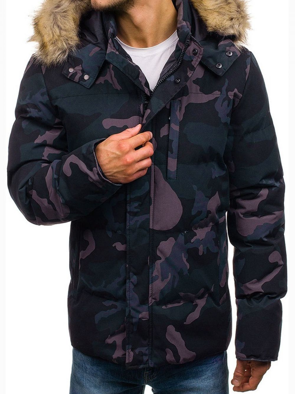 Halflange Zak Camouflage Casual Donsjack Met Rits Heren