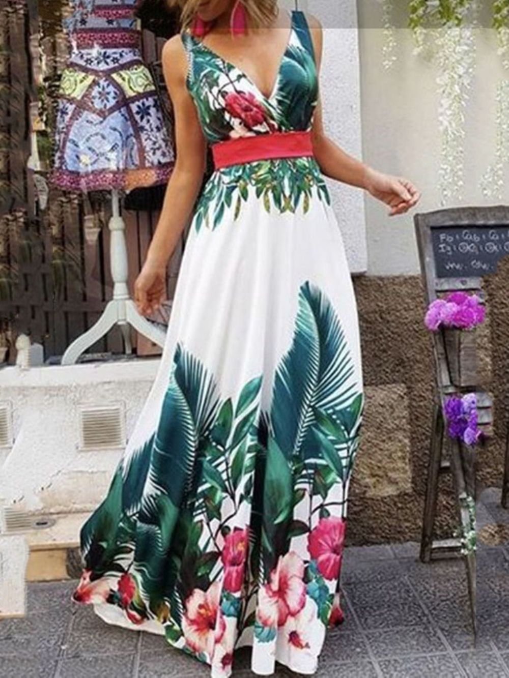 Elegante Maxi-Jurk Met V-Hals En Mouwloze Print