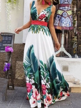 Elegante Maxi-Jurk Met V-Hals En Mouwloze Print