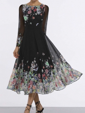 Jurk Met Lange Mouwen En Halfhoge Taille Met Bloemenprint