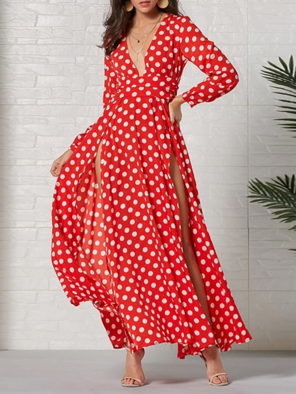 Lange Mouw Enkellange V-Hals Mode Polka Dots Damesjurk