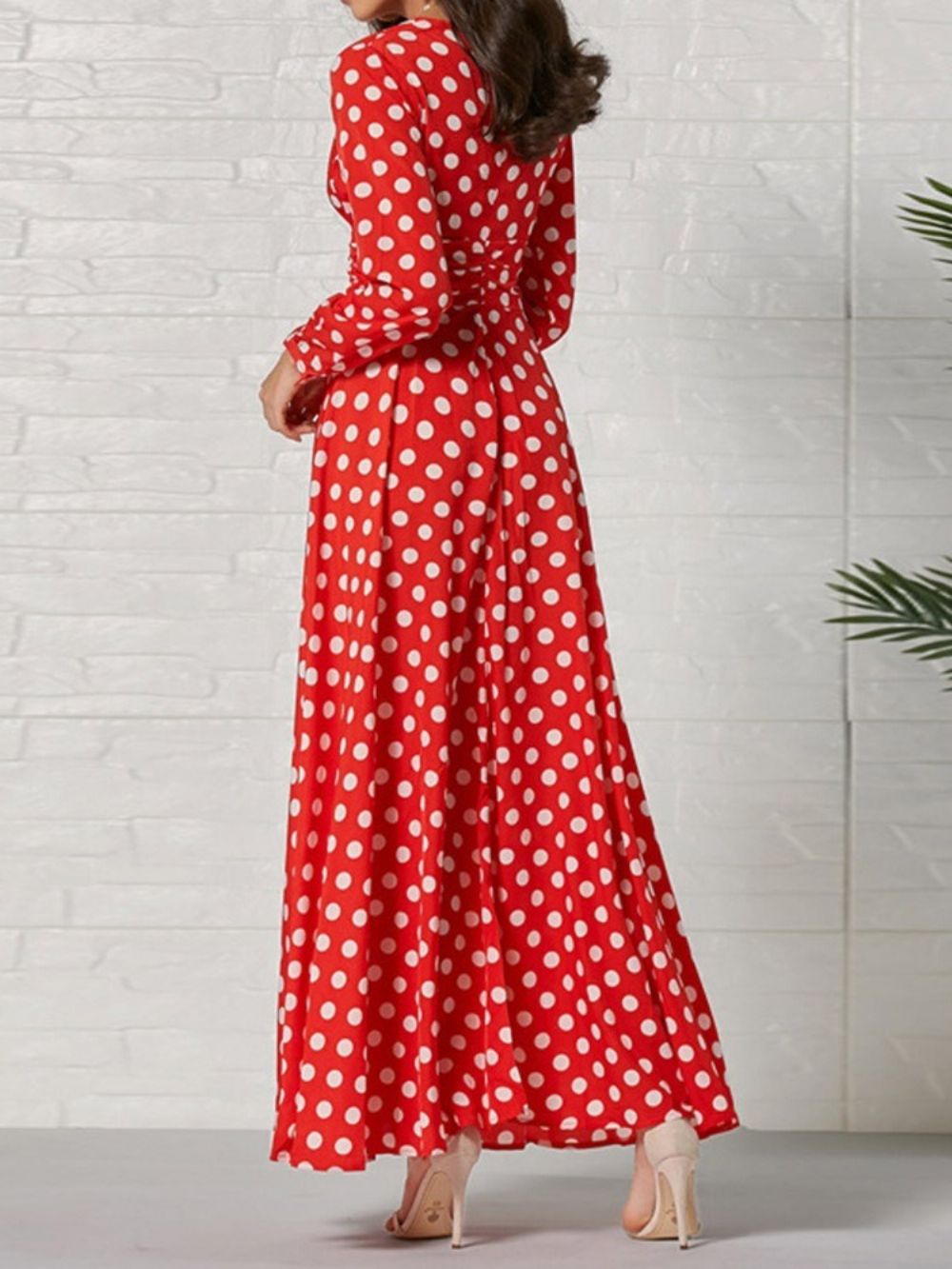 Lange Mouw Enkellange V-Hals Mode Polka Dots Damesjurk