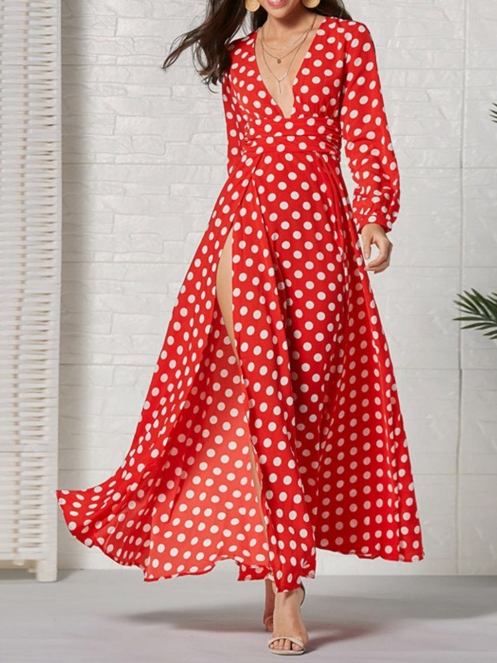 Lange Mouw Enkellange V-Hals Mode Polka Dots Damesjurk