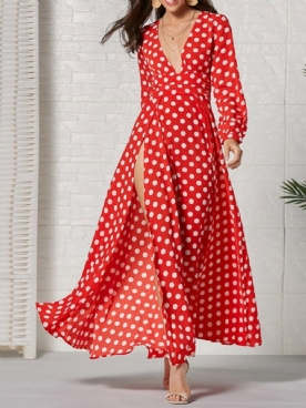 Lange Mouw Enkellange V-Hals Mode Polka Dots Damesjurk