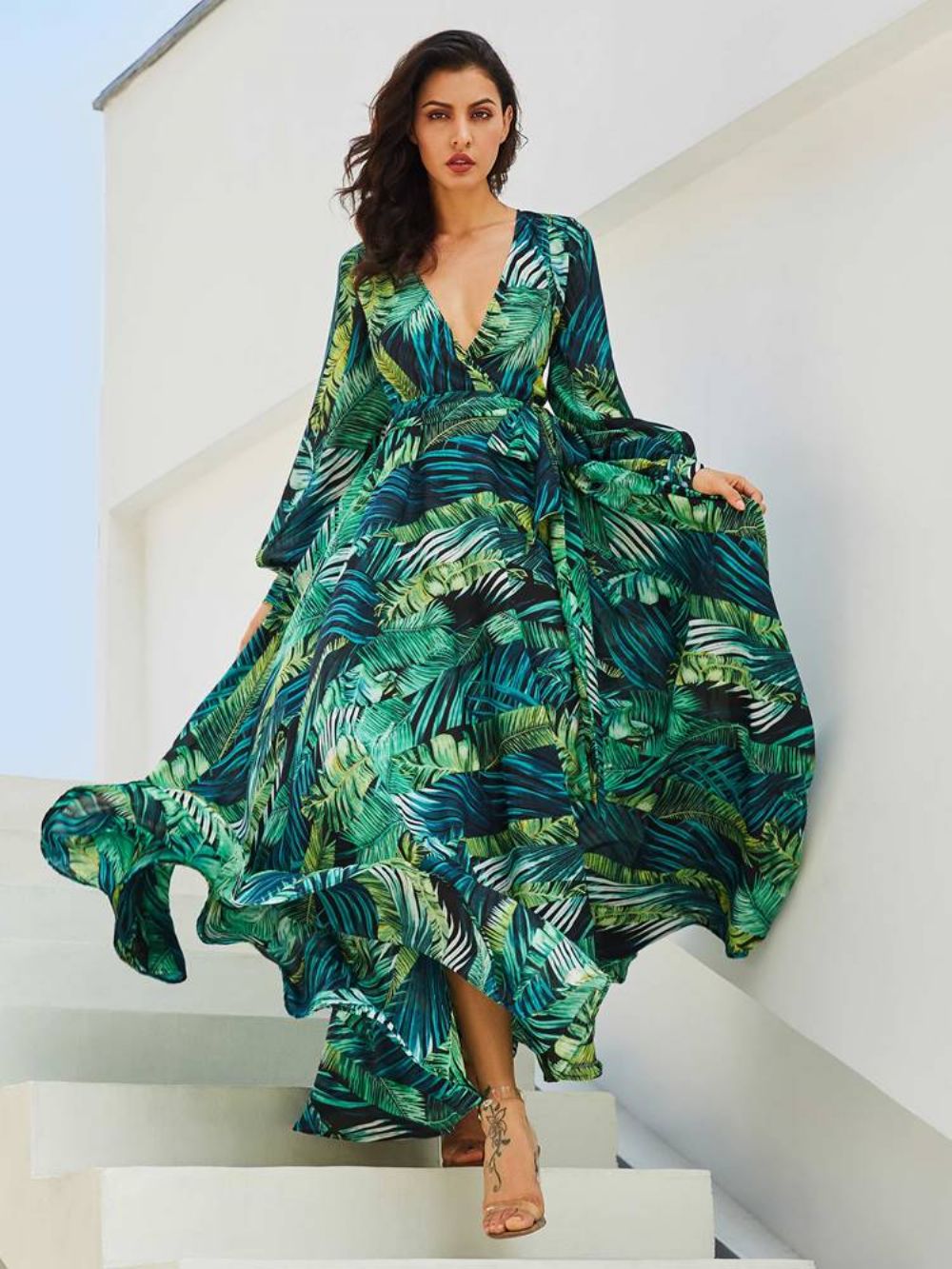 Maxi-Jurk Met V-Hals En Plantprint