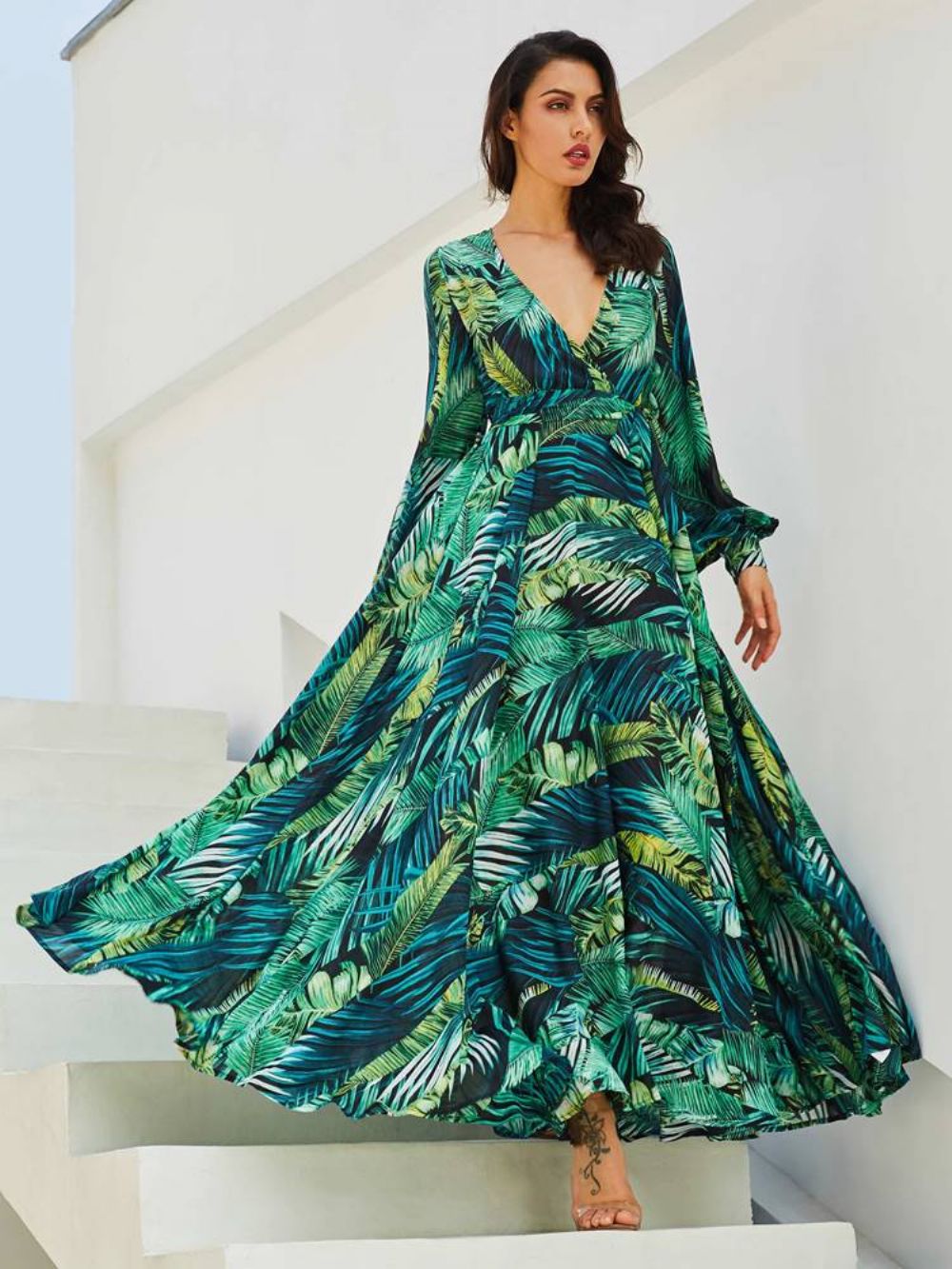 Maxi-Jurk Met V-Hals En Plantprint