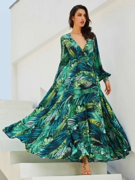 Maxi-Jurk Met V-Hals En Plantprint