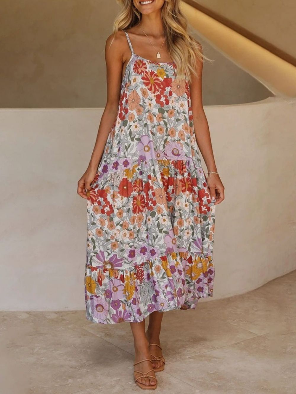 Mouwloze Enkellange Patchwork Bloemen Maxi-Jurk Strandjurken Dames