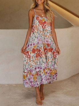 Mouwloze Enkellange Patchwork Bloemen Maxi-Jurk Strandjurken Dames