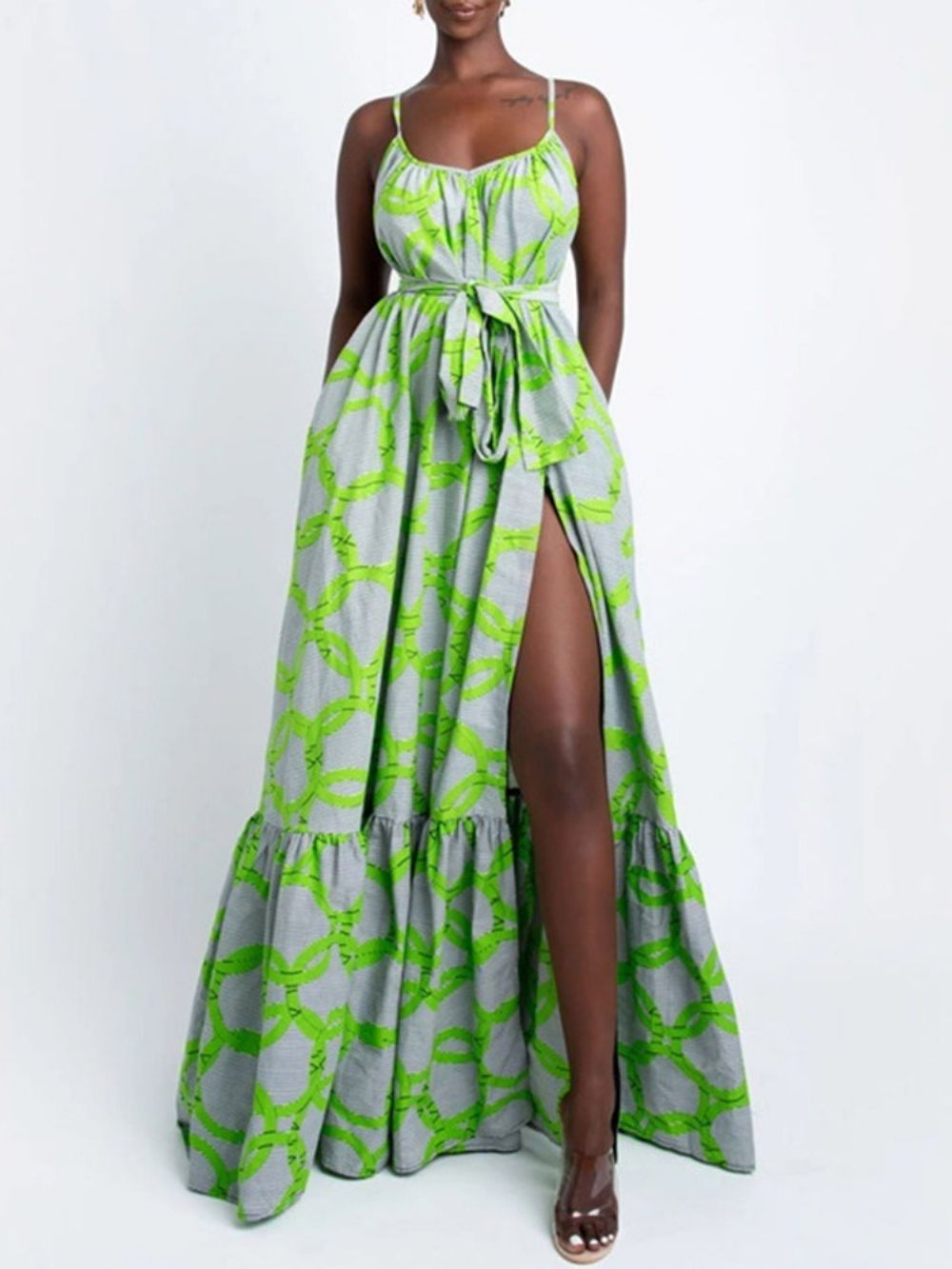 Mouwloze Maxi-Jurk Met V-Hals Tot De Grond Met Bloemenprint