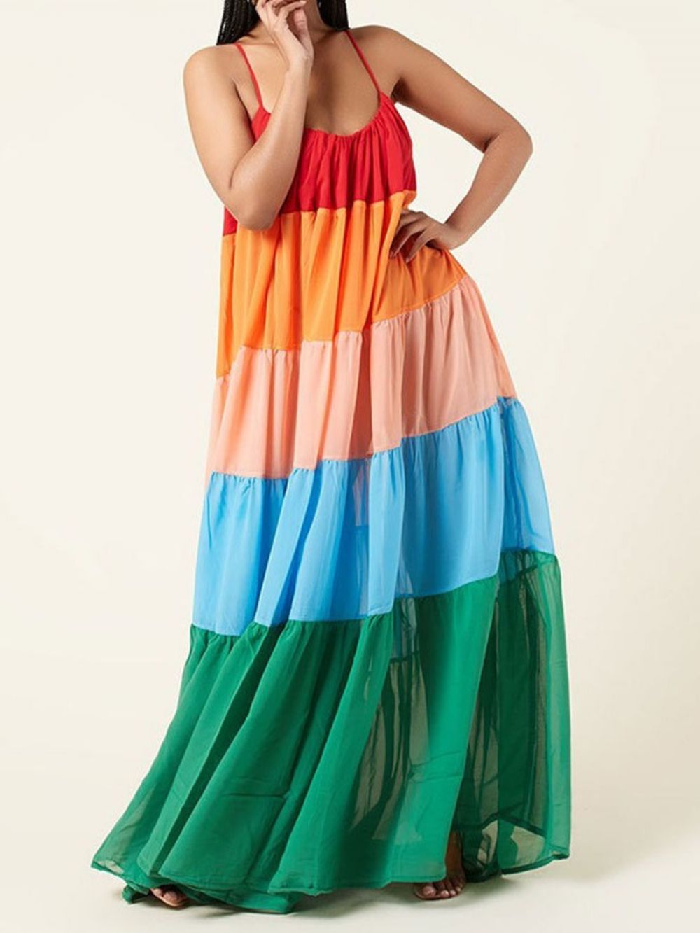 Mouwloze Patchwork Vloer-Lengte Mode Maxi-Jurk Met Spaghettibandjes