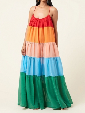 Mouwloze Patchwork Vloer-Lengte Mode Maxi-Jurk Met Spaghettibandjes