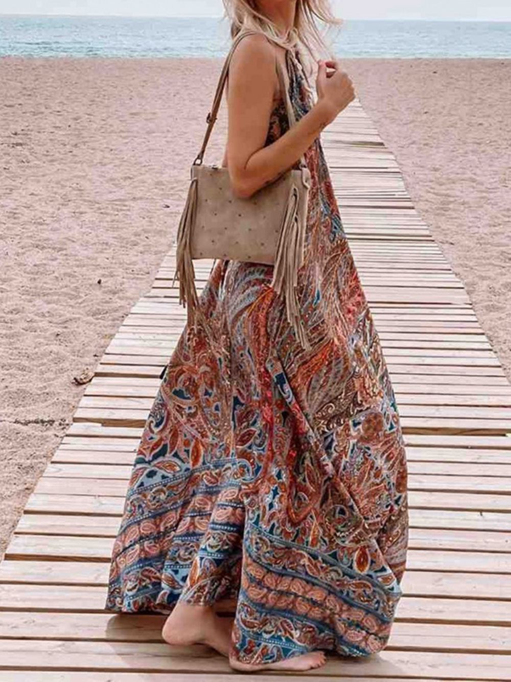 Mouwloze Vloerlengte V-Hals Pullover Bloemen Maxi Jurk Strandjurken Dames