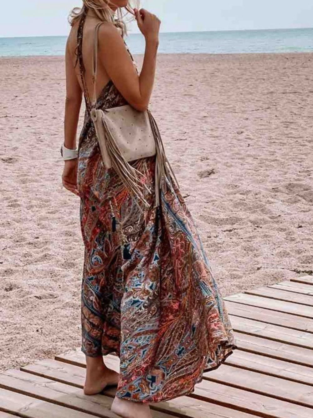 Mouwloze Vloerlengte V-Hals Pullover Bloemen Maxi Jurk Strandjurken Dames