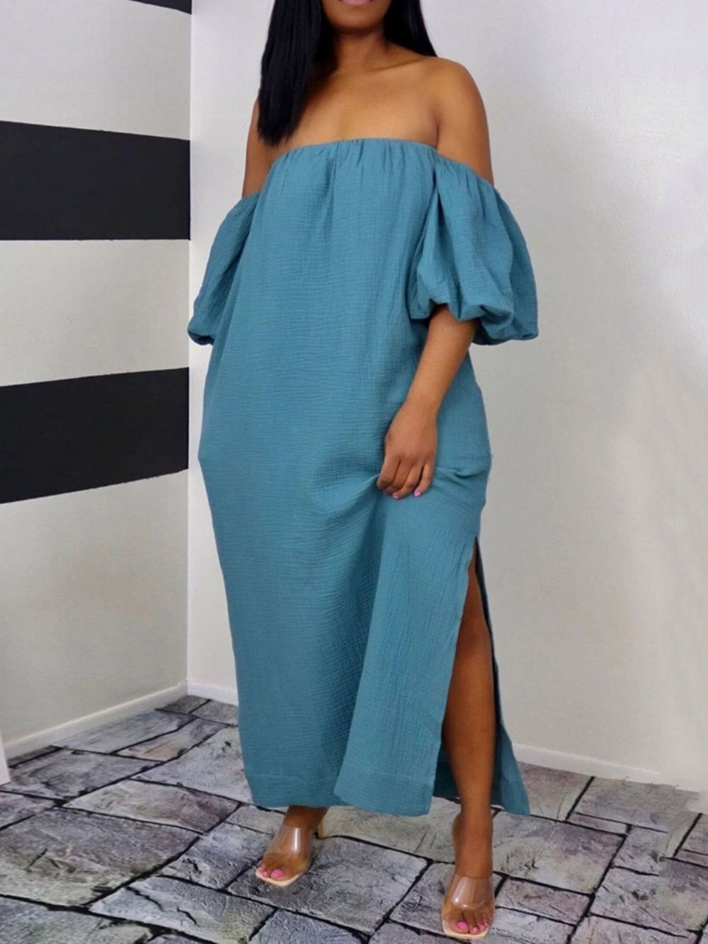 Off-Shoulder Driekwart Mouw Koreaanse Maxi-Jurk Tot Op De Grond