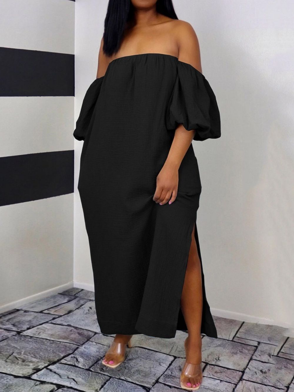 Off-Shoulder Driekwart Mouw Koreaanse Maxi-Jurk Tot Op De Grond