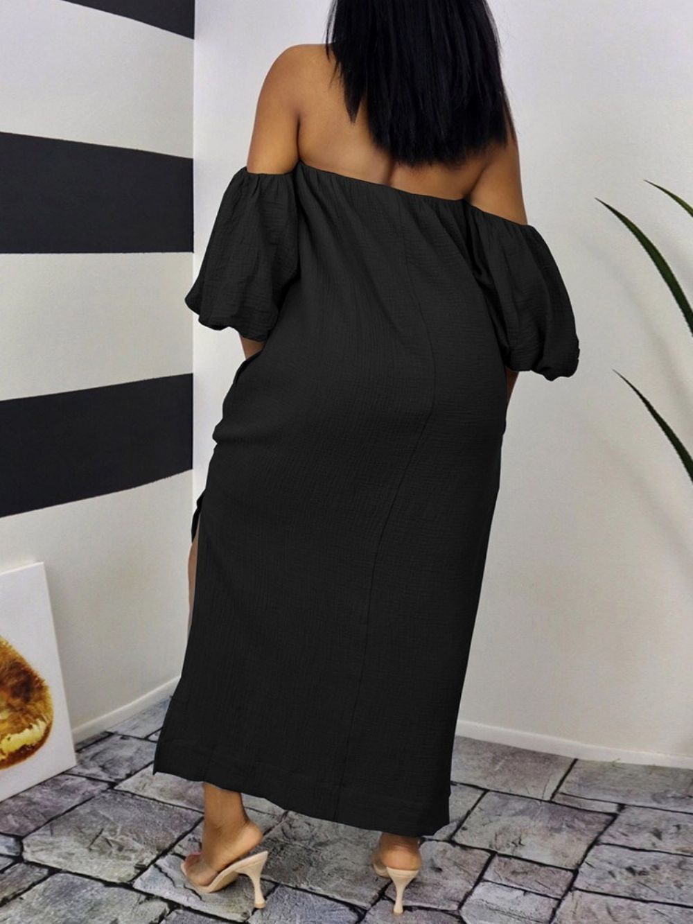 Off-Shoulder Driekwart Mouw Koreaanse Maxi-Jurk Tot Op De Grond