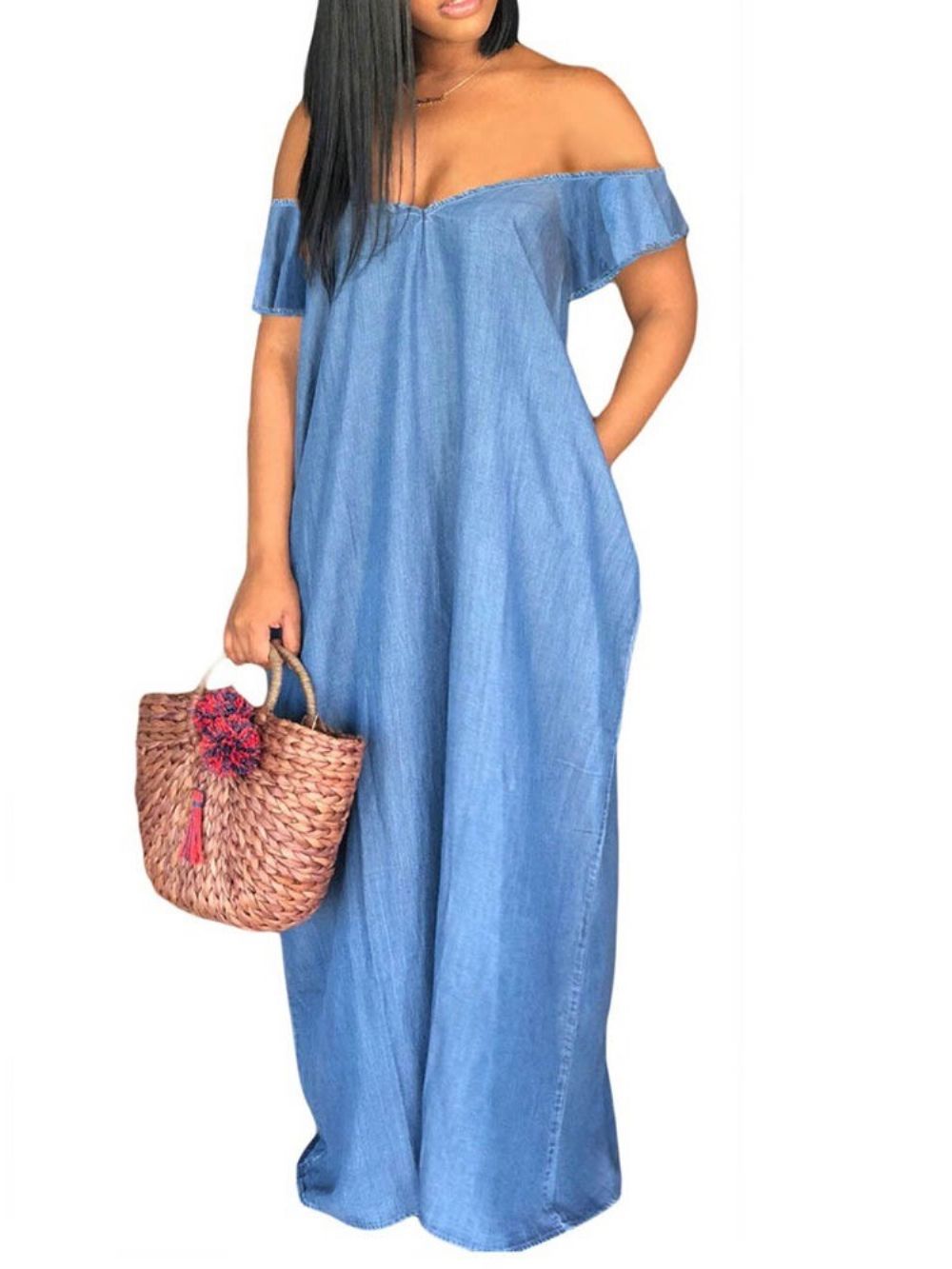 Off-Shoulder Korte Mouw Enkellange Maxi-Jurk