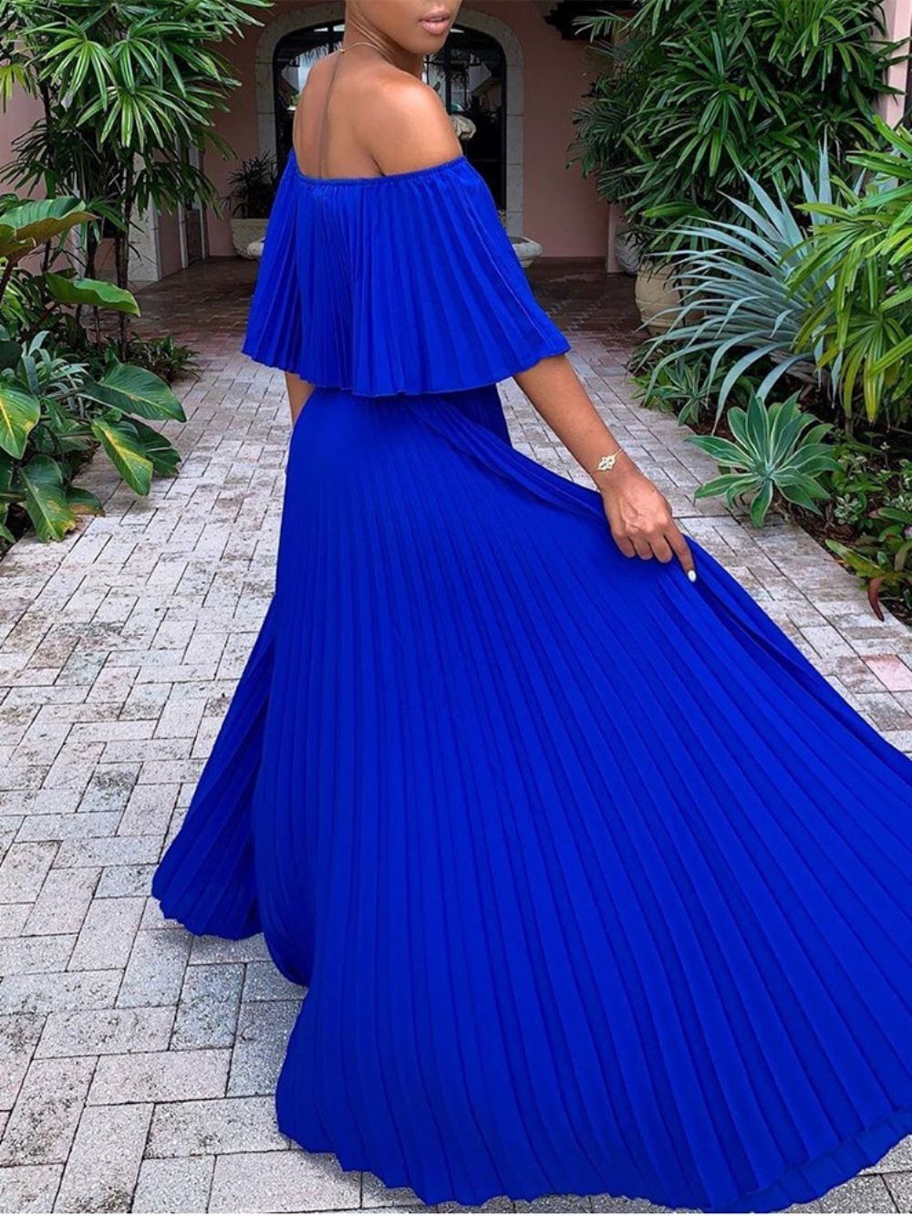 Off-Shoulder Vloerlengte Geplooide Effen Blauwe Jurk