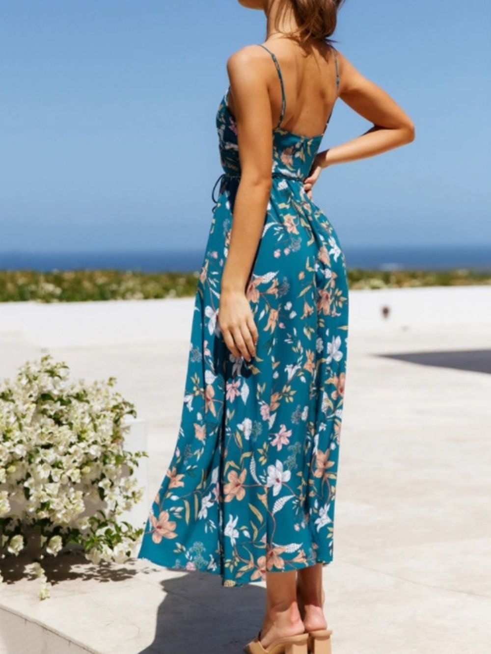 Print Enkellange V-Hals Pullover-Jurk Bloemen Maxi-Jurk Strandjurken Dames