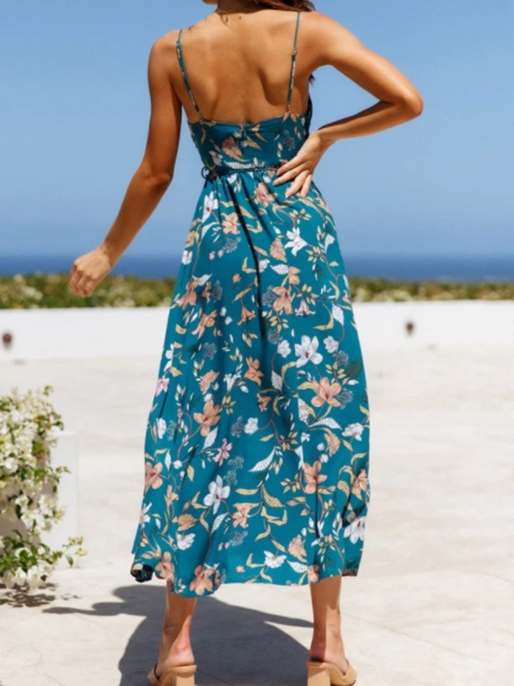 Print Enkellange V-Hals Pullover-Jurk Bloemen Maxi-Jurk Strandjurken Dames