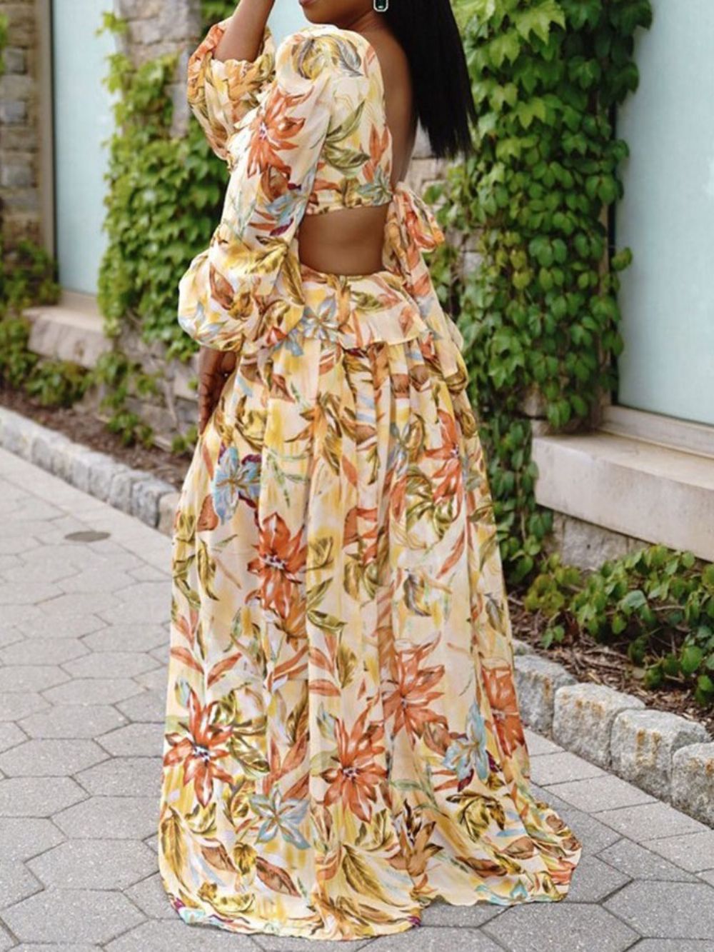 Print Floor-Length Negen Punten Mouw Hoge Taille Bloemen Maxi Jurk