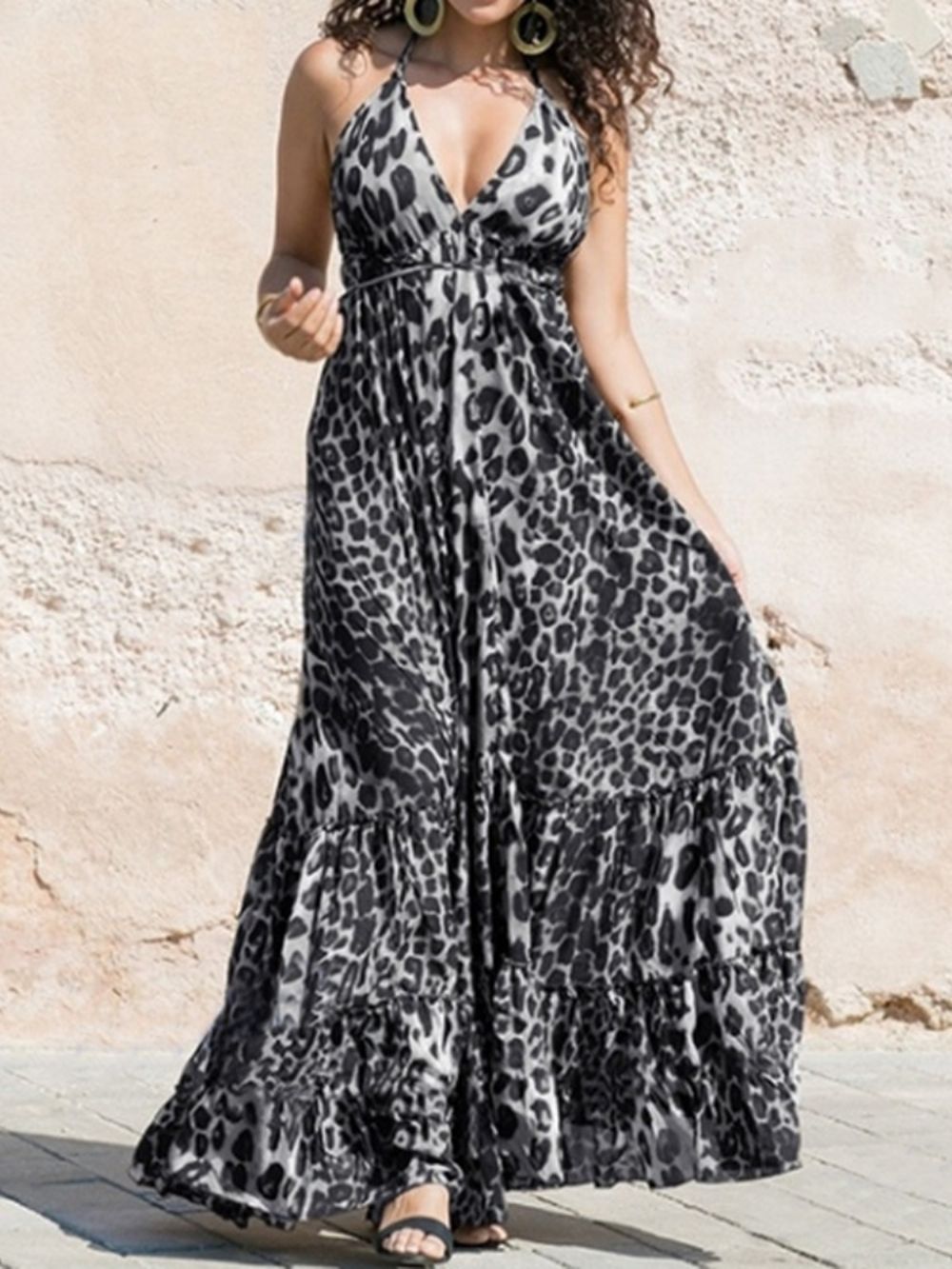 Print V-Hals Mouwloze Mid-Taille Boheemse Jurk Strandjurken Dames