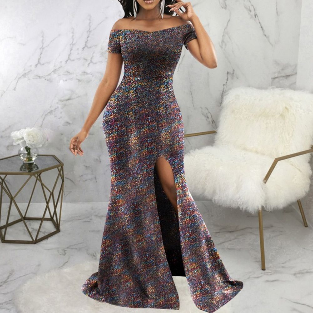 Vloer Lengte Off-Shoulder Korte Mouw Hoge Taille Mode Maxi Jurk