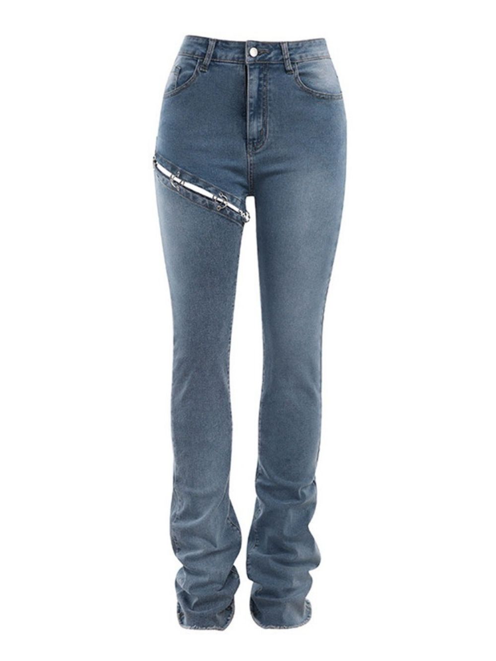 Asymmetrische Rechte Jeans Met Halfhoge Taille En Ritssluiting