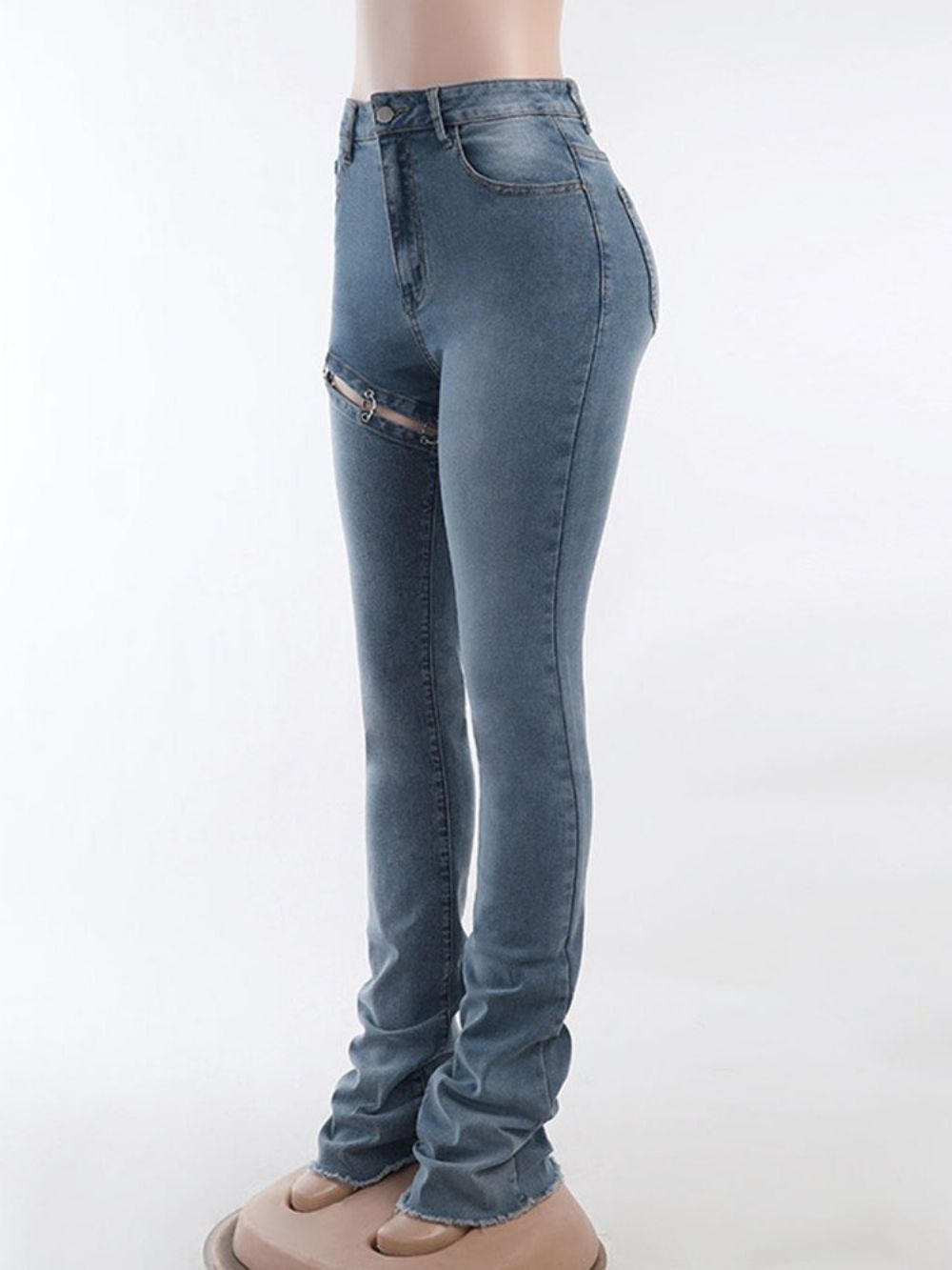 Asymmetrische Rechte Jeans Met Halfhoge Taille En Ritssluiting