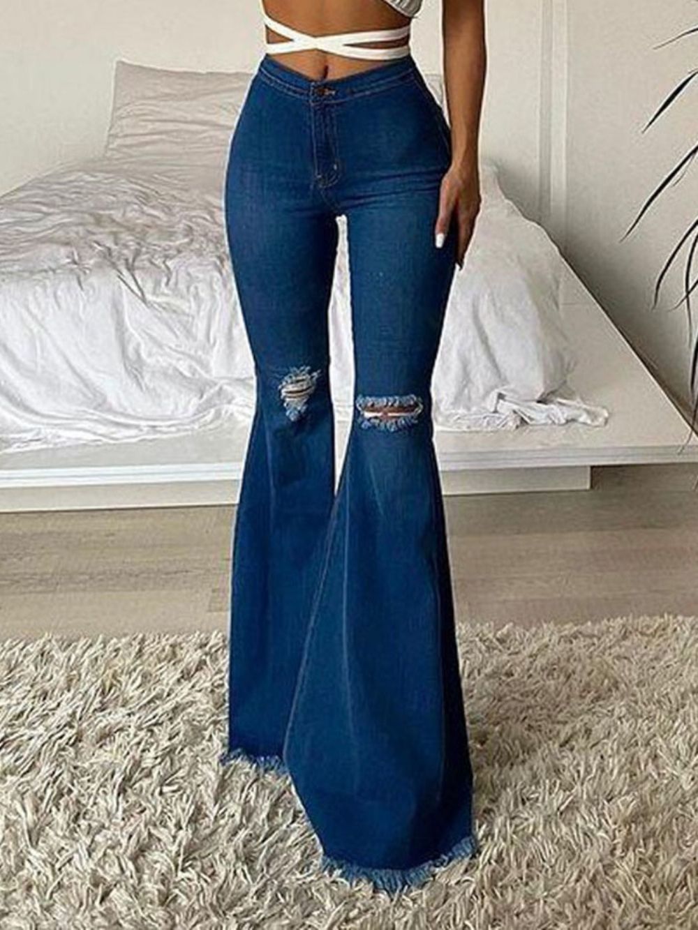 Bellbottoms Hole Effen Damesjeans Met Smalle Rits