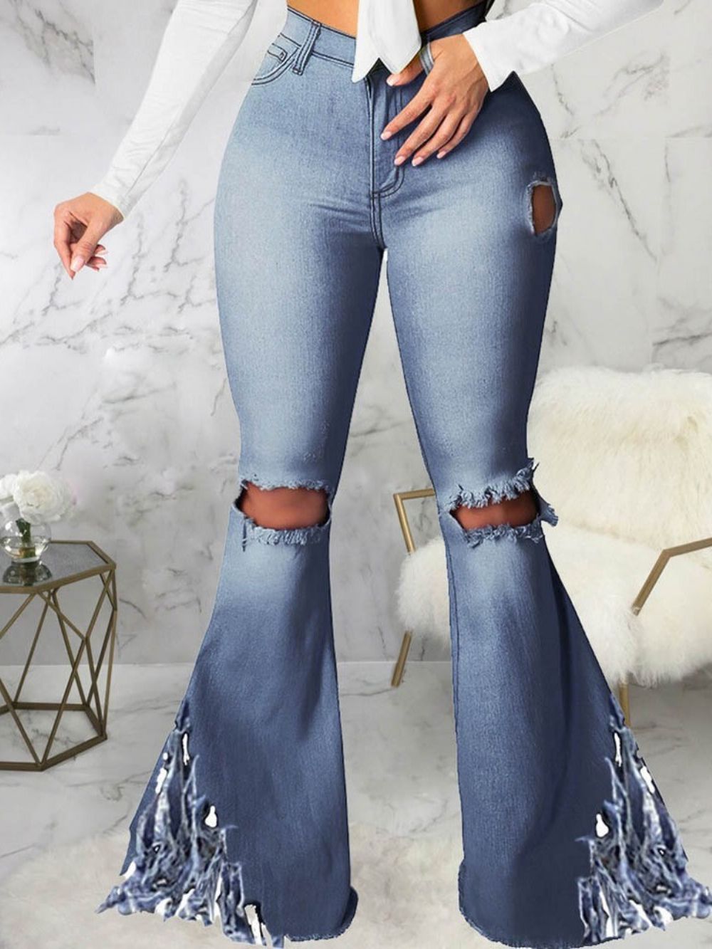 Effen Bellbottoms Hole-Jeans Dames Met Smalle Taille En Middelhoge Taille