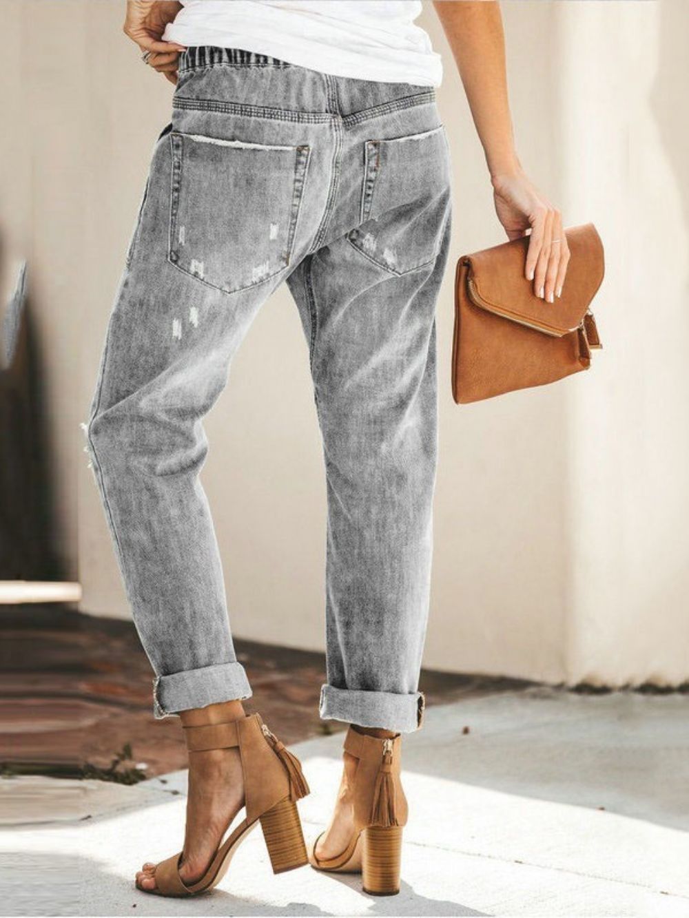 Effen Elastische Jeans Met Veters